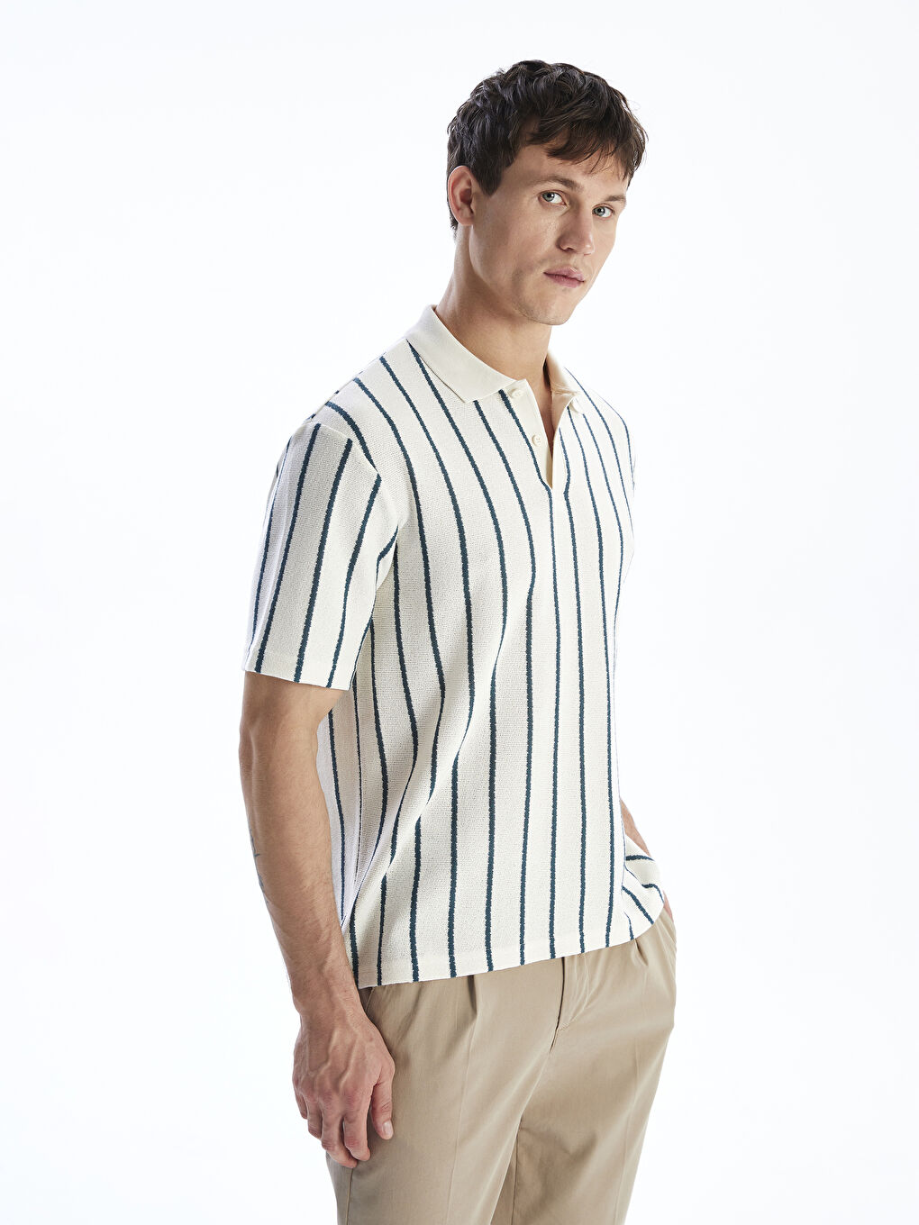 Petrol Polo Yaka Çizgili Penye Erkek Tişört