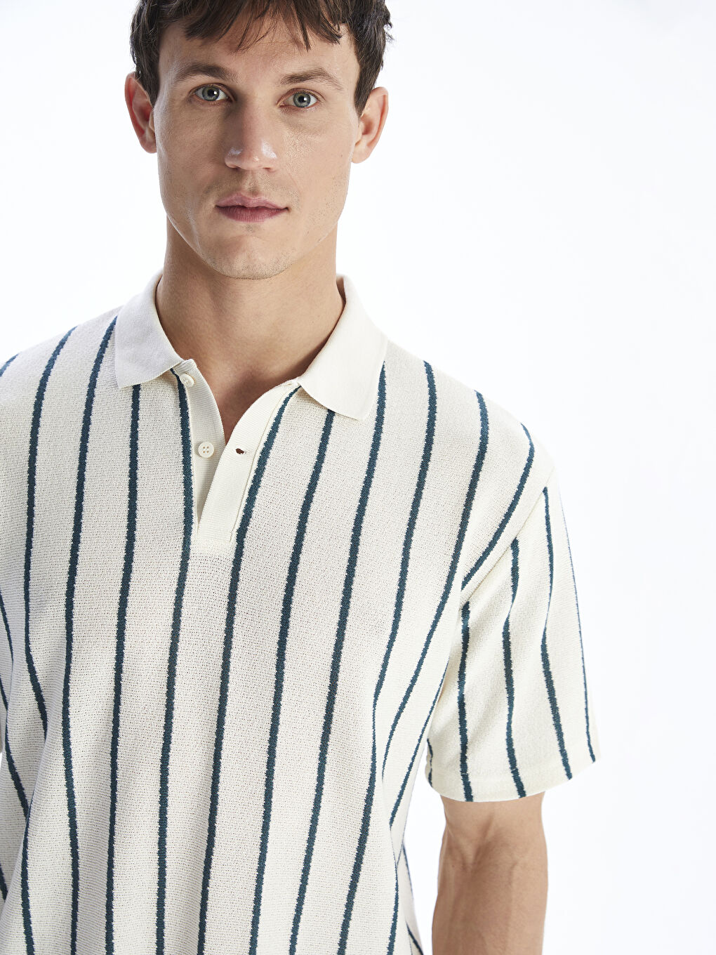 Petrol Polo Yaka Çizgili Penye Erkek Tişört-2