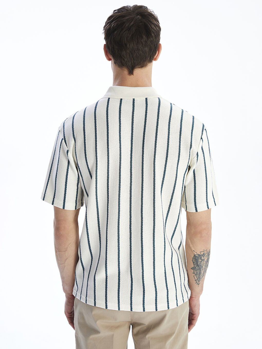 Petrol Polo Yaka Çizgili Penye Erkek Tişört-3