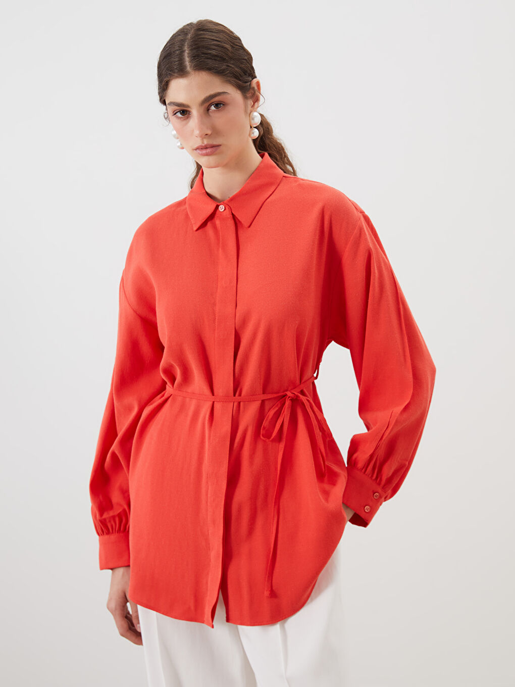 Linen Blend Women's Shirt Tunic -S5QU80Z8-D7W