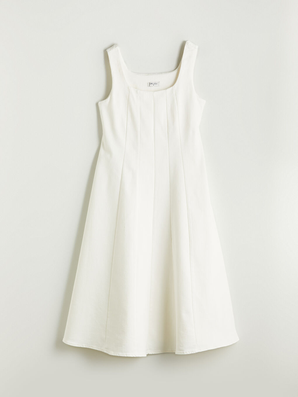 Beyaz Kare Yaka A Kesim Mini Jean Elbise-4