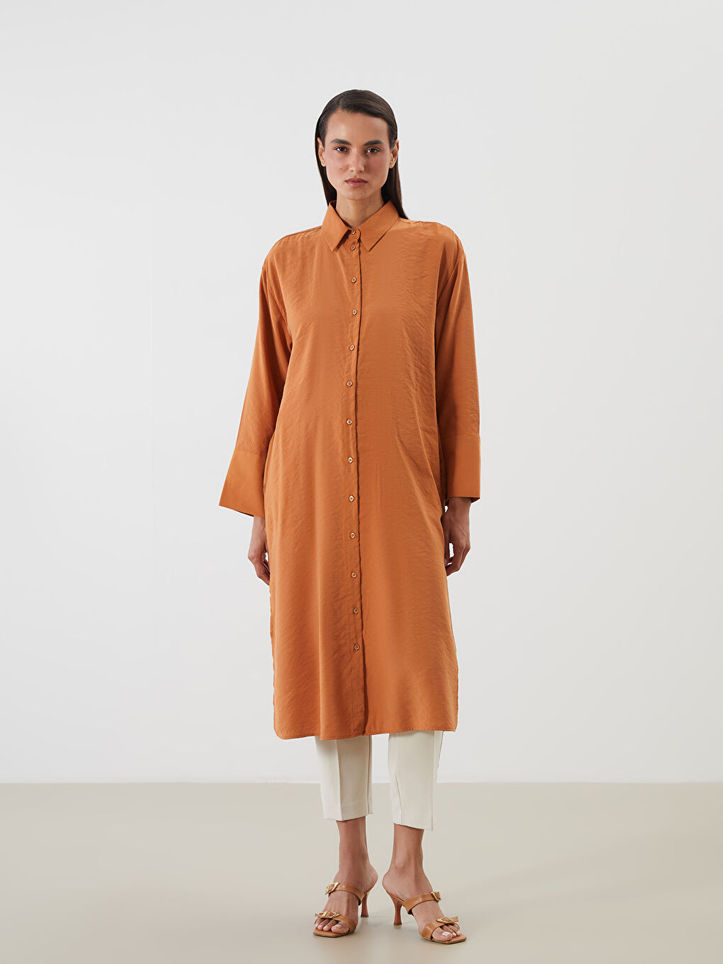Turuncu Oversize Modal Karışımlı Kadın Gömlek Tunik-1