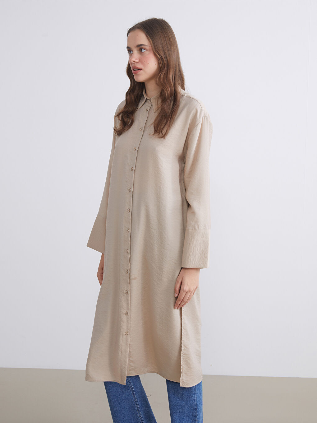 Bej Oversize Modal Karışımlı Kadın Gömlek Tunik-1
