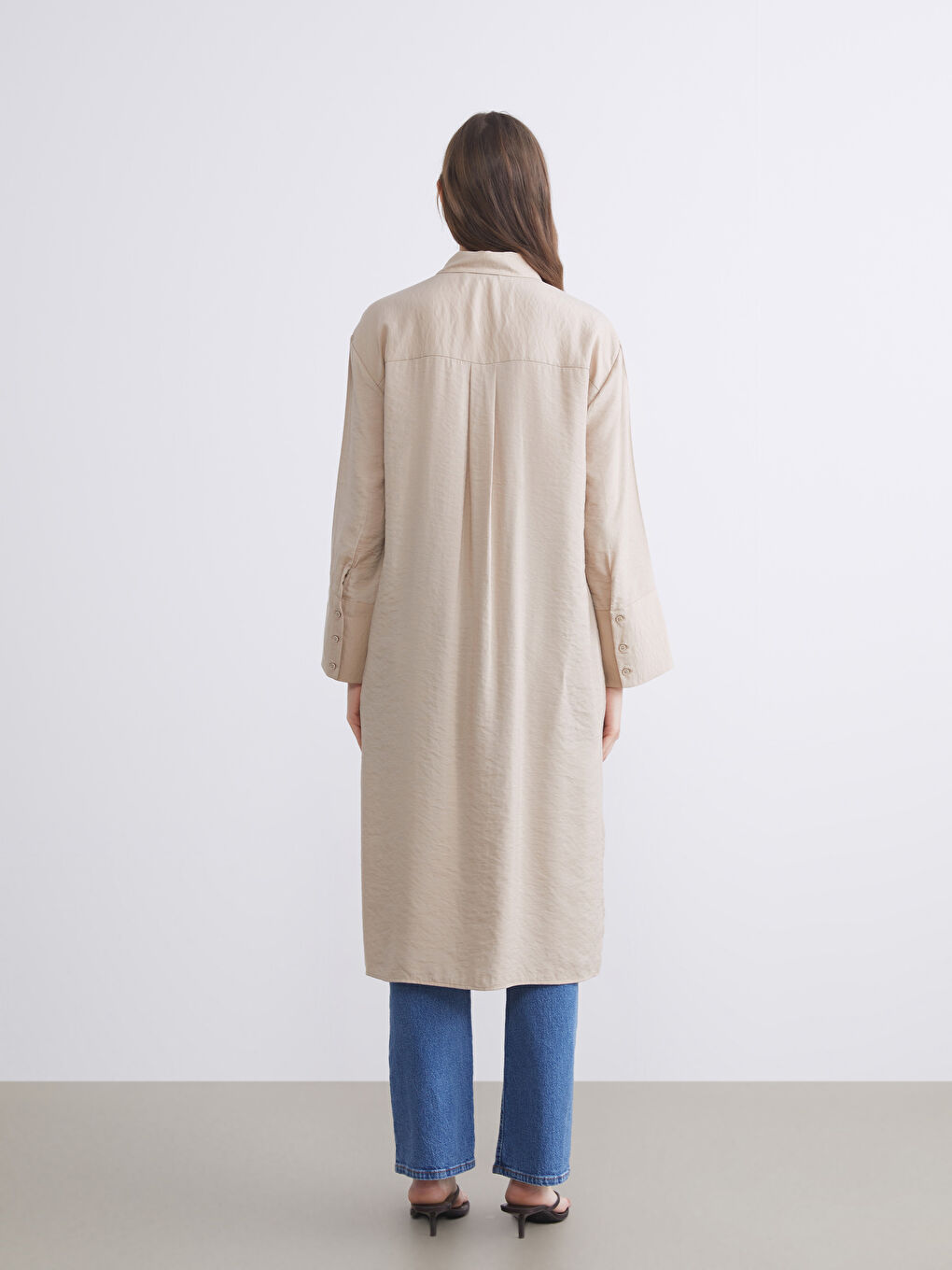 Bej Oversize Modal Karışımlı Kadın Gömlek Tunik-3