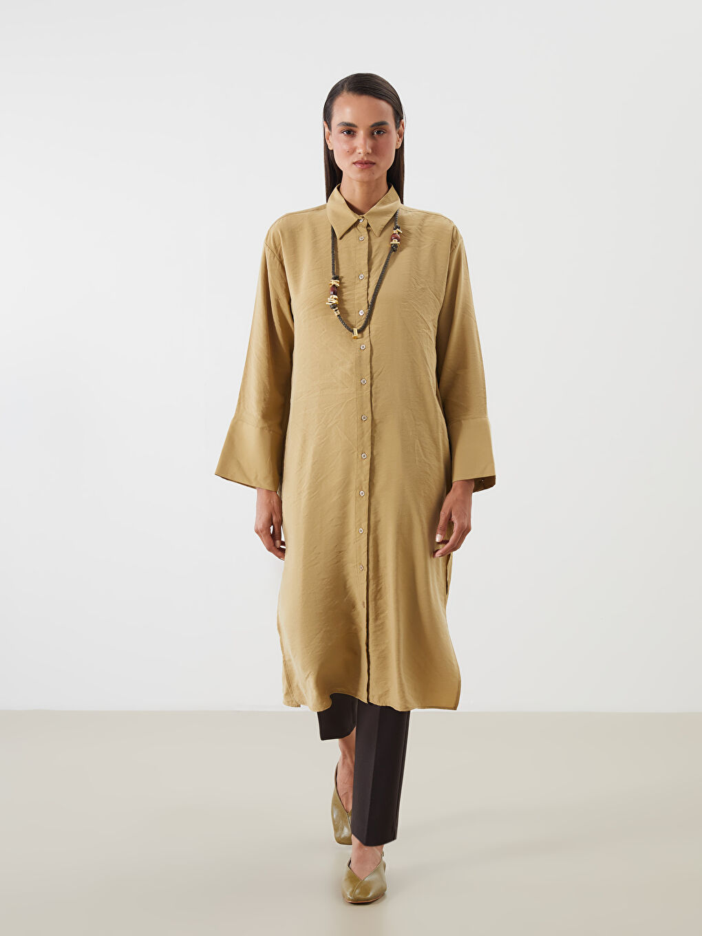 Haki Oversize Modal Karışımlı Kadın Gömlek Tunik