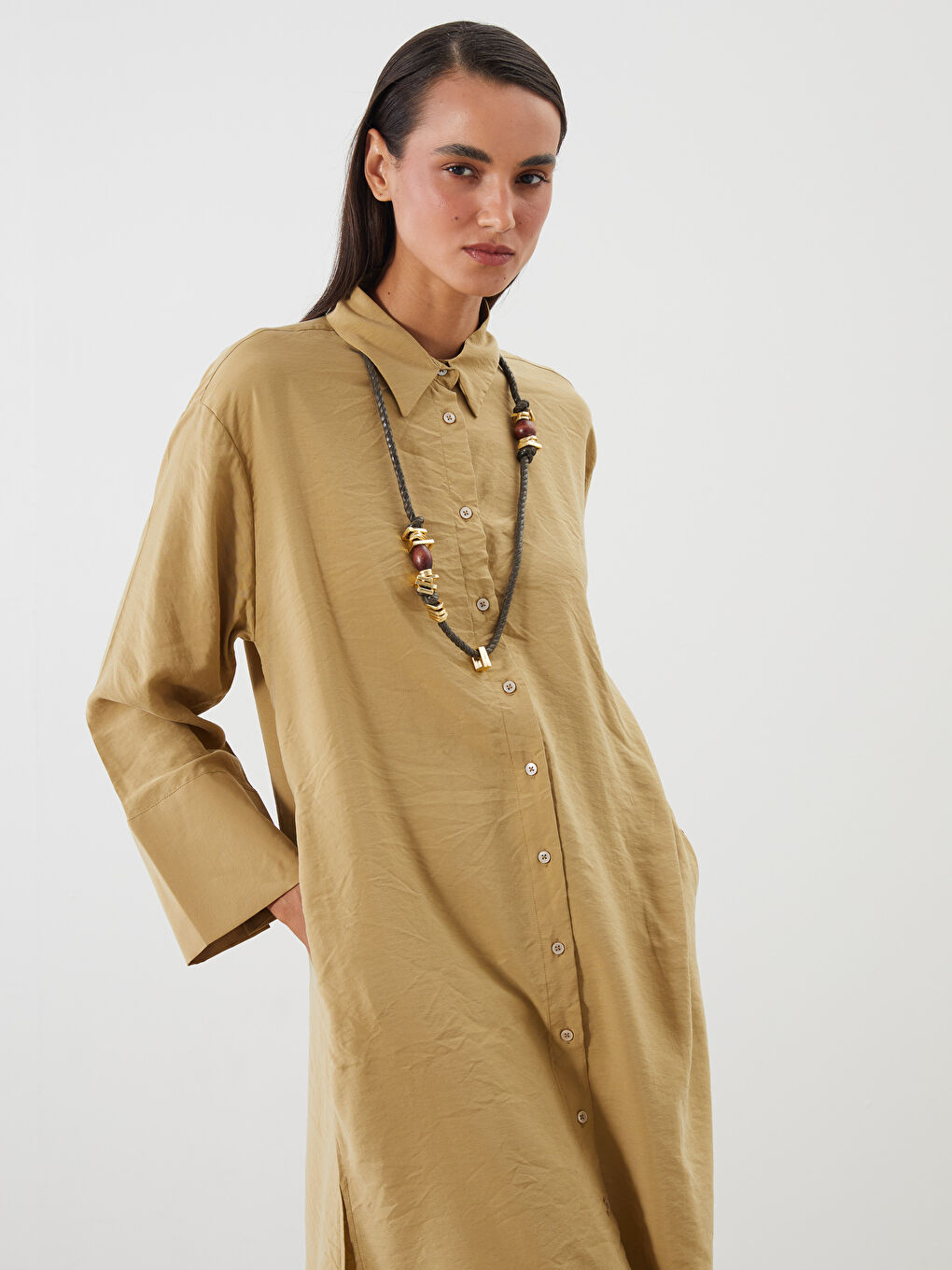 Haki Oversize Modal Karışımlı Kadın Gömlek Tunik-1