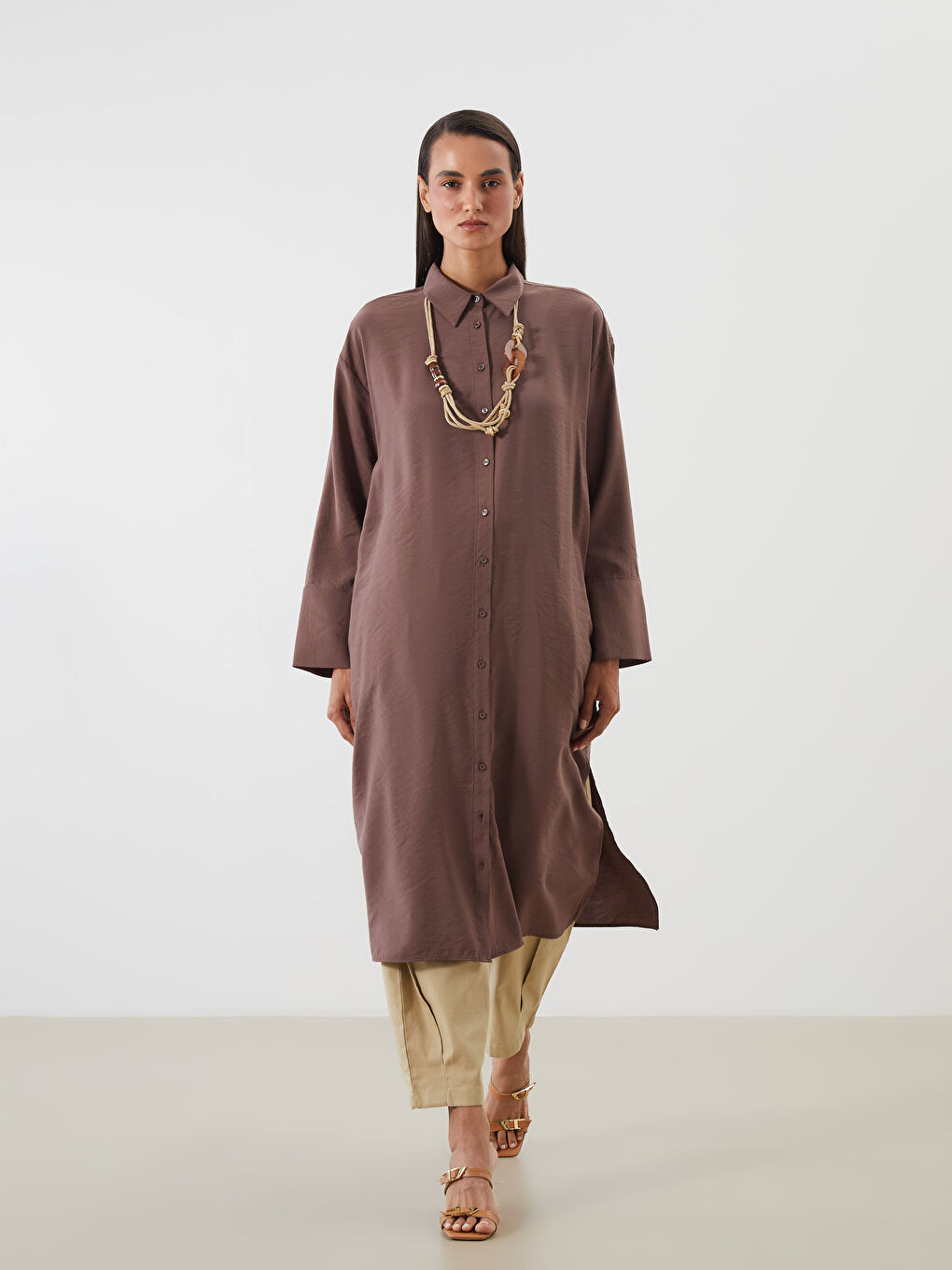 Kahverengi Oversize Modal Karışımlı Kadın Gömlek Tunik
