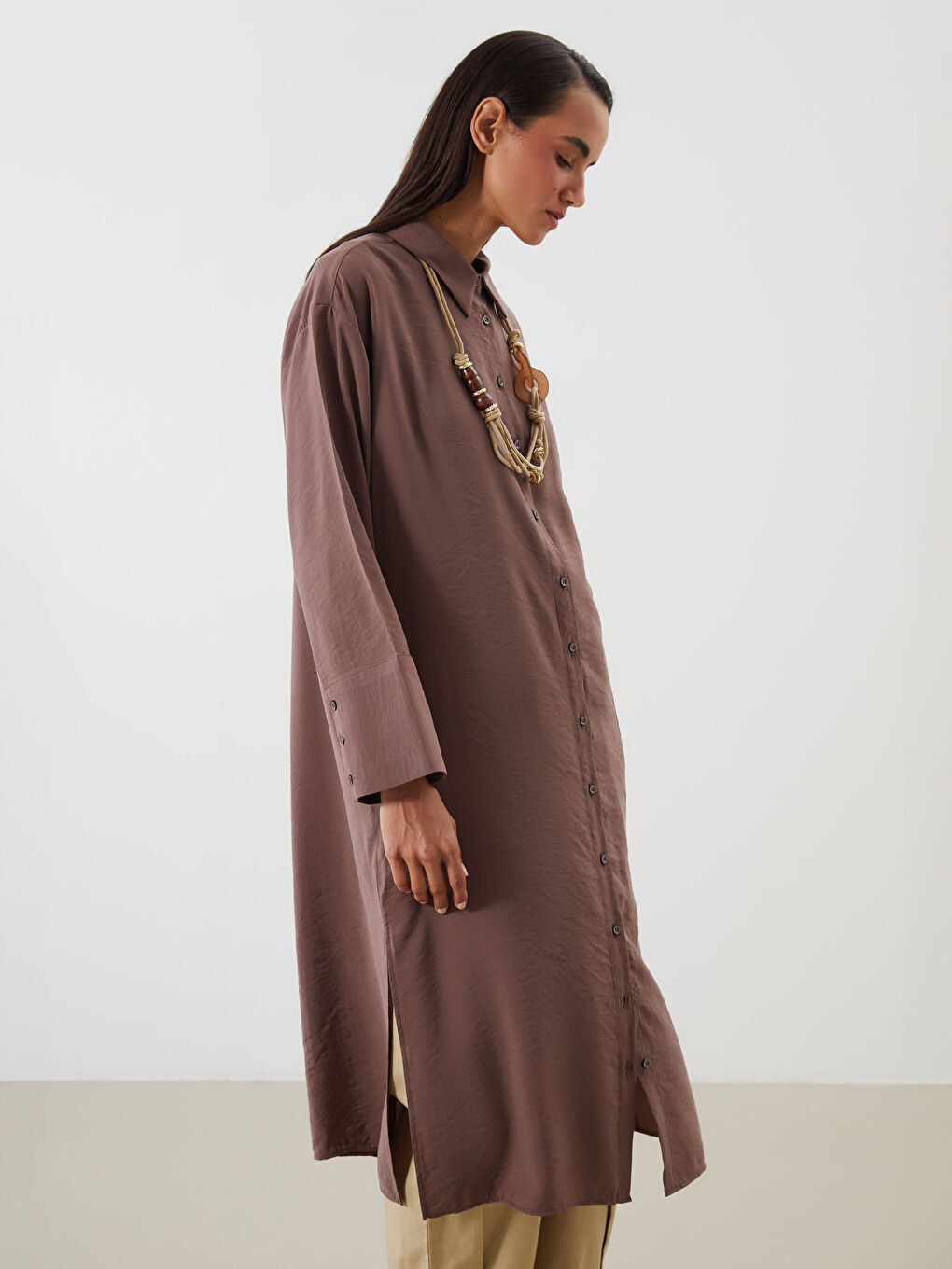 Kahverengi Oversize Modal Karışımlı Kadın Gömlek Tunik-1
