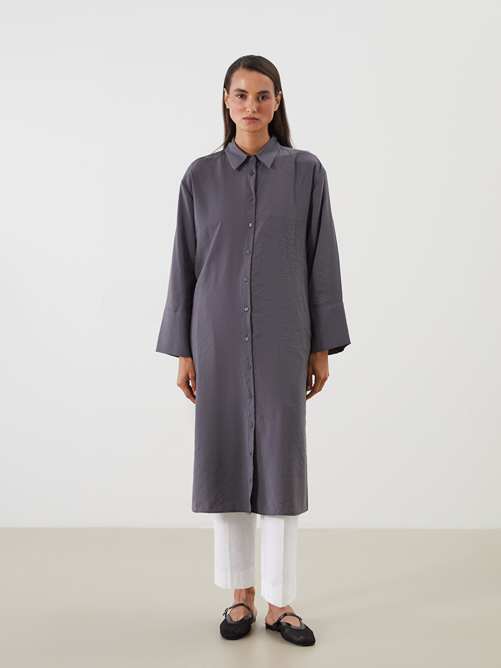 Antrasit Oversize Modal Karışımlı Kadın Gömlek Tunik-1