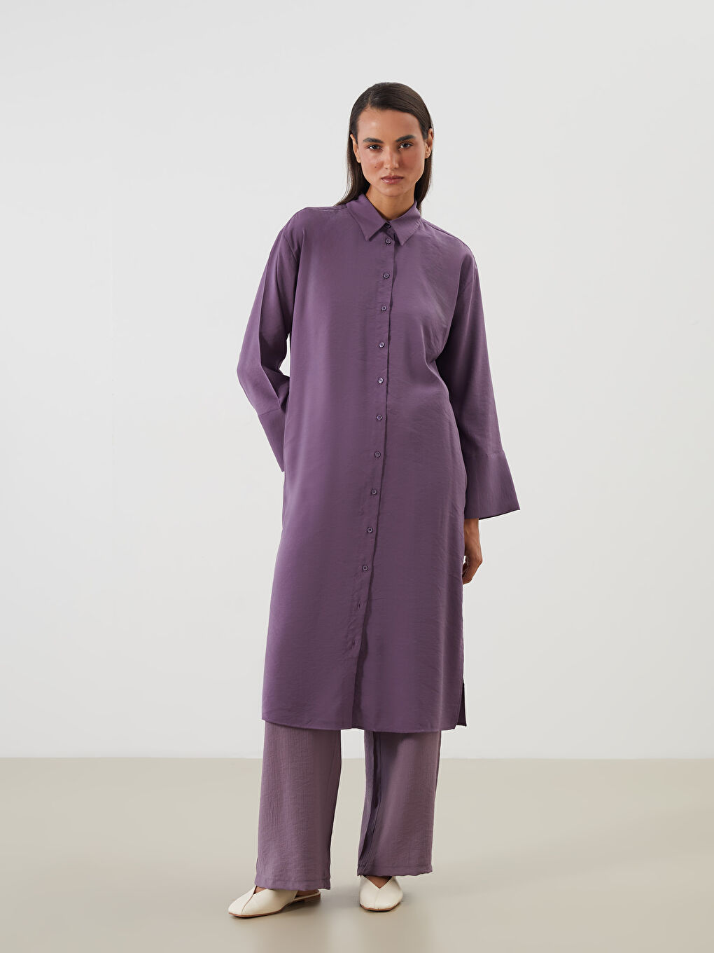 Mor Oversize Modal Karışımlı Kadın Gömlek Tunik-1