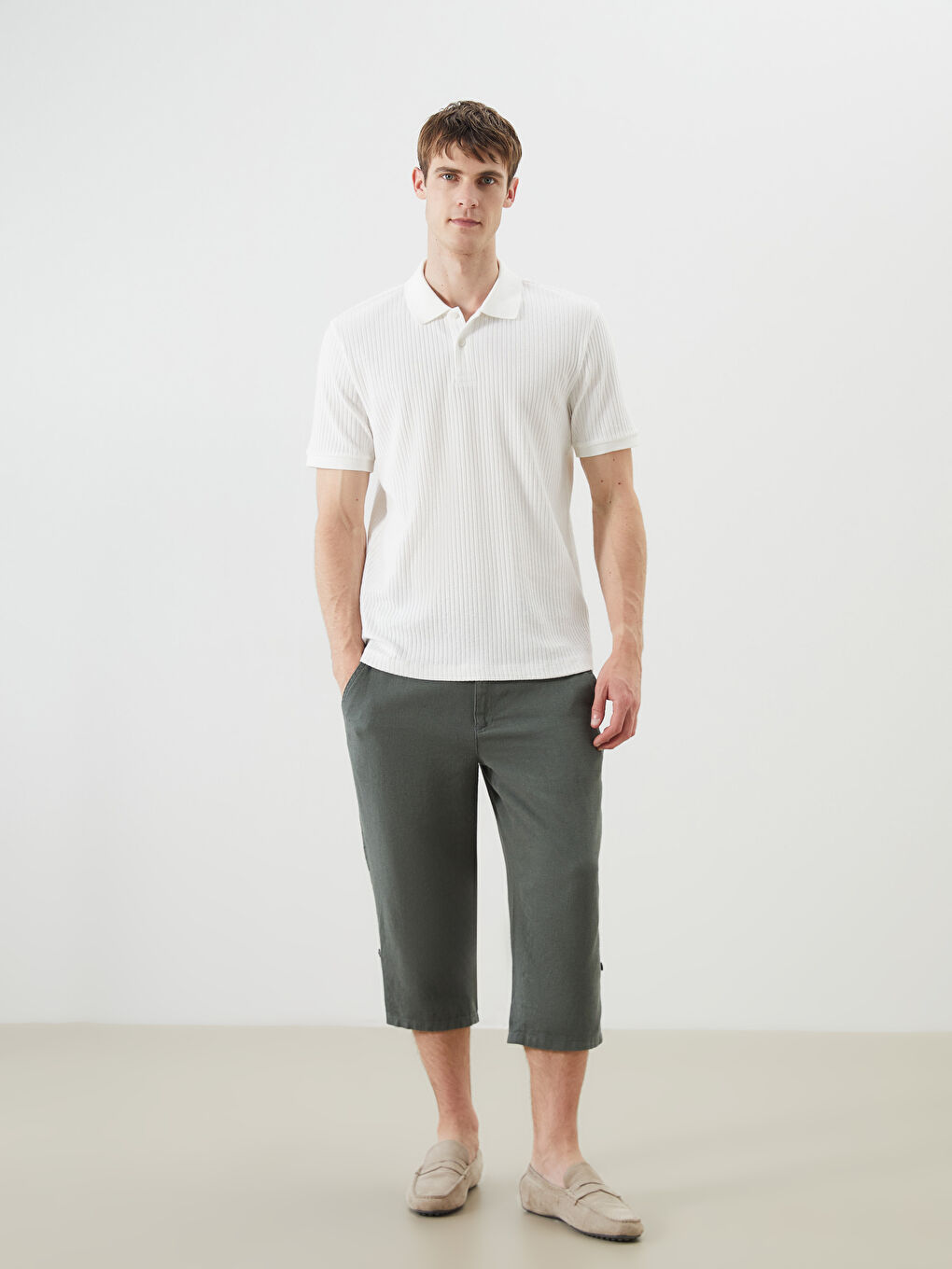 Yeşil Standart Kalıp Keten Karışımlı Erkek Şort