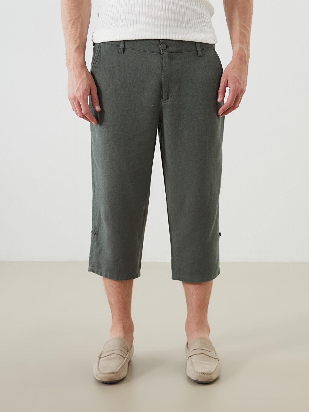 Yeşil Standart Kalıp Keten Karışımlı Erkek Şort-1