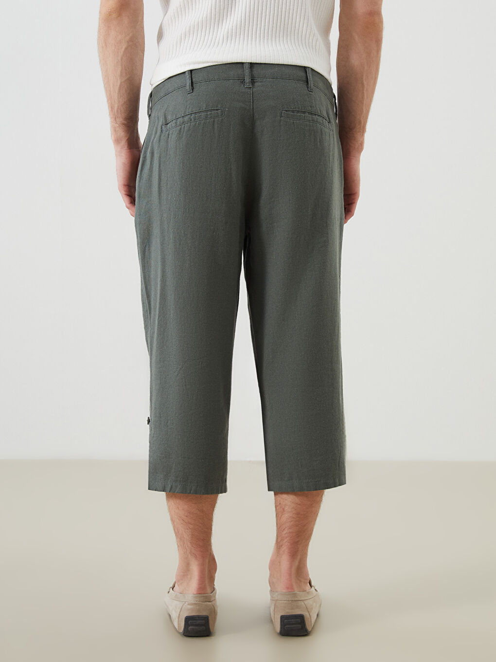 Yeşil Standart Kalıp Keten Karışımlı Erkek Şort-3