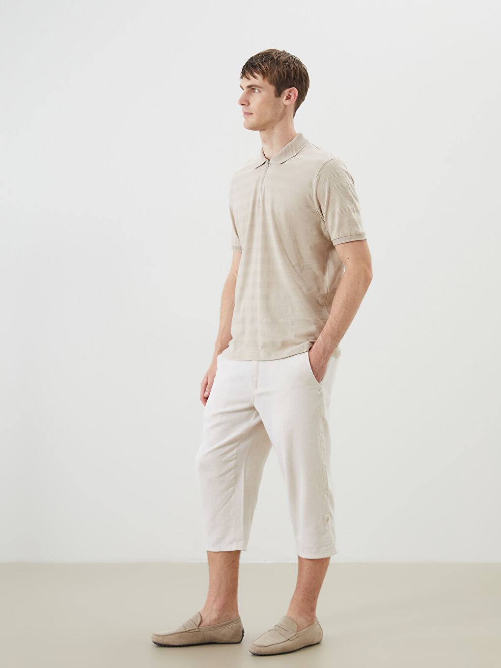 Bej Standart Kalıp Keten Karışımlı Erkek Şort