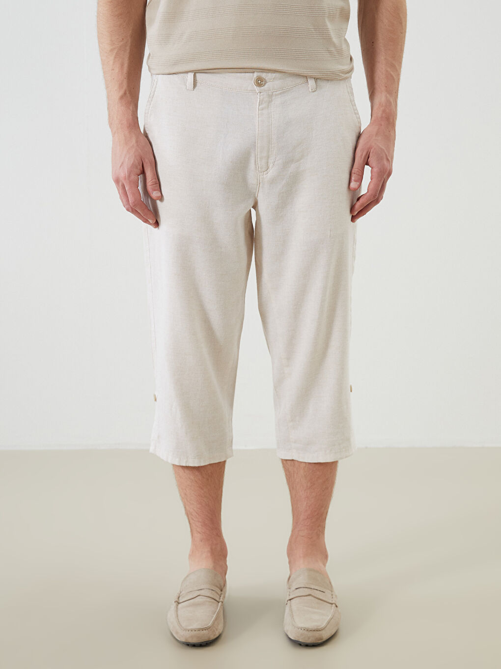 Bej Standart Kalıp Keten Karışımlı Erkek Şort-1