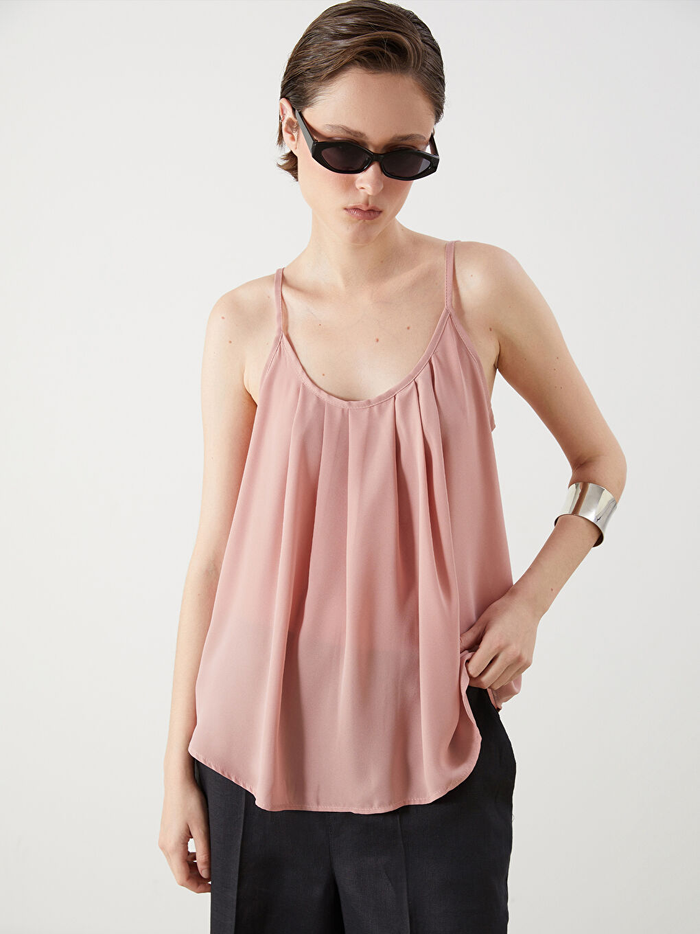 U Neck Pleated Strappy Blouse