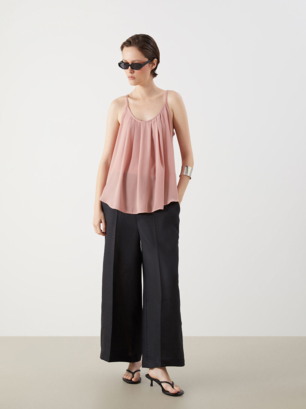 U Neck Pleated Strappy Blouse-1