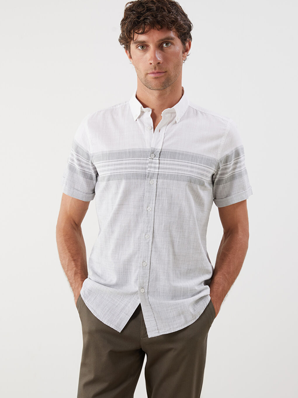 Regular Fit Short Sleeve Striped Poplin Men's Shirt -S5QY27Z8-LFM