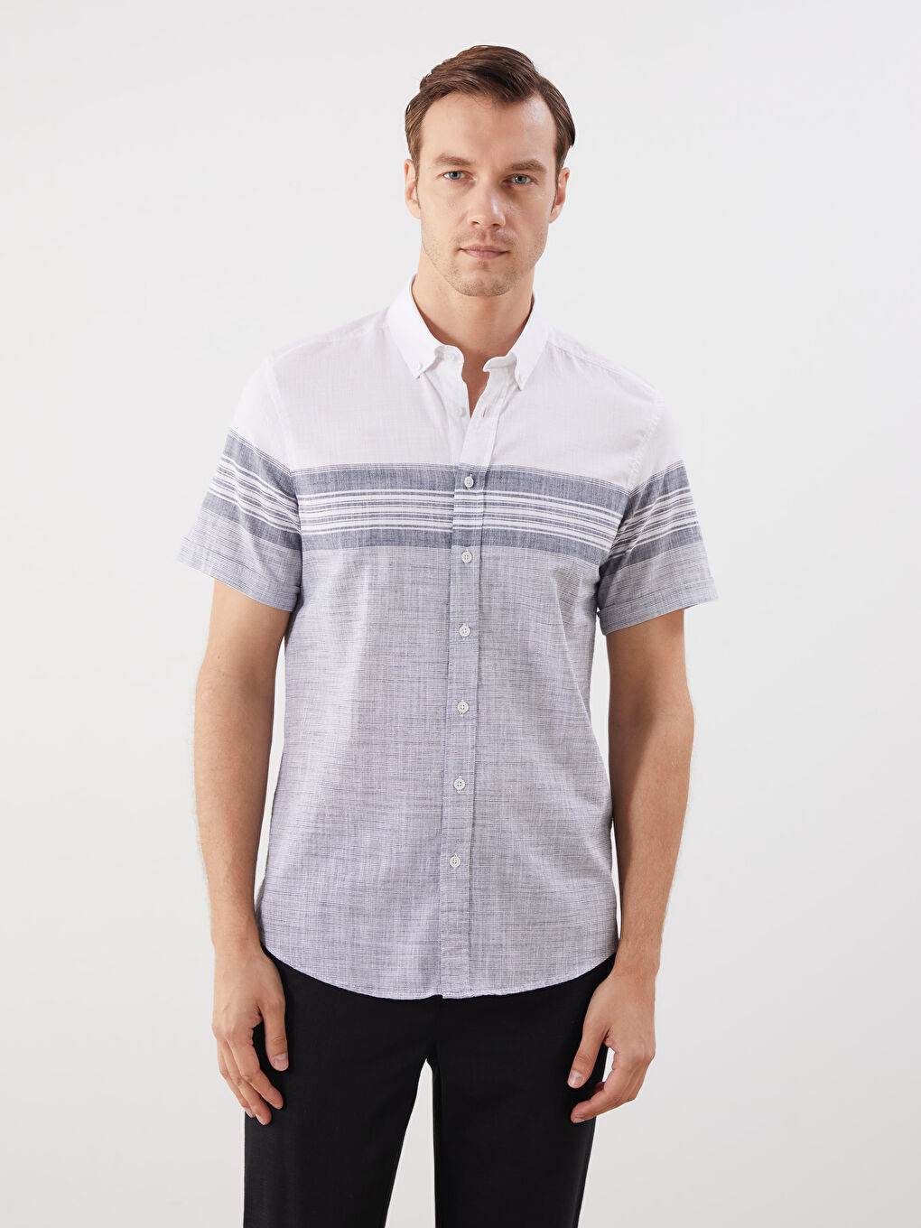 Regular Fit Short Sleeve Striped Poplin Men's Shirt -S5QY27Z8-LGB