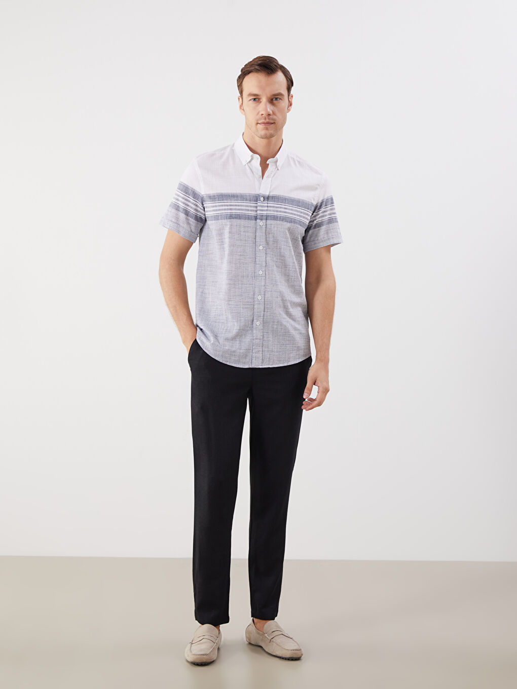 Regular Fit Short Sleeve Striped Poplin Men's Shirt -S5QY27Z8-LGB