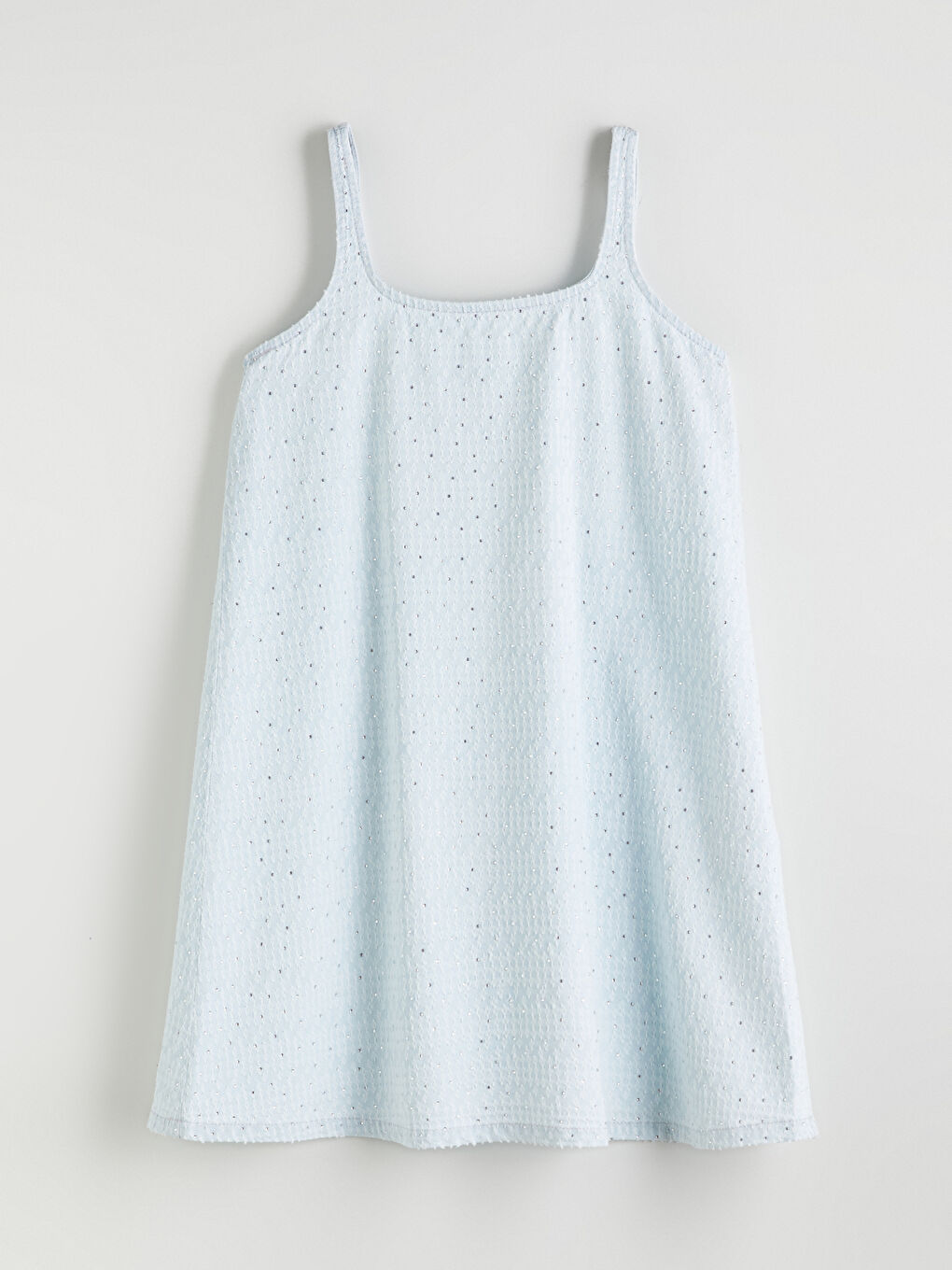 İndigo Kare Yaka Taşlı Askılı A Kesim Mini Jean Elbise-4