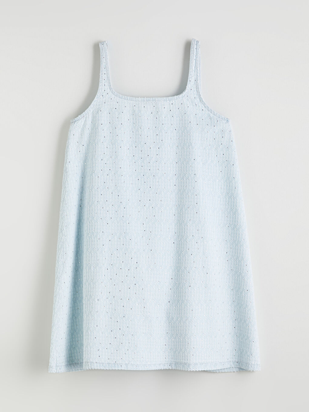 İndigo Kare Yaka Taşlı Askılı A Kesim Mini Jean Elbise-5