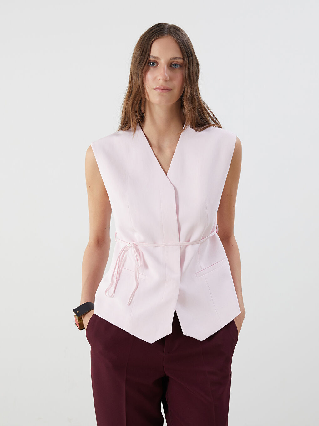 V-Neck Linen Blend Women's Classic Waistcoat -S5QY52Z8-DTG