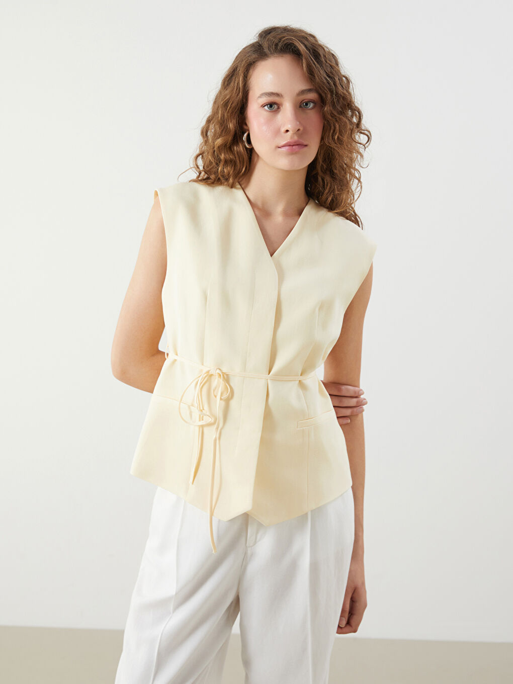 V-Neck Linen Blend Women's Classic Waistcoat -S5QY52Z8-YTS