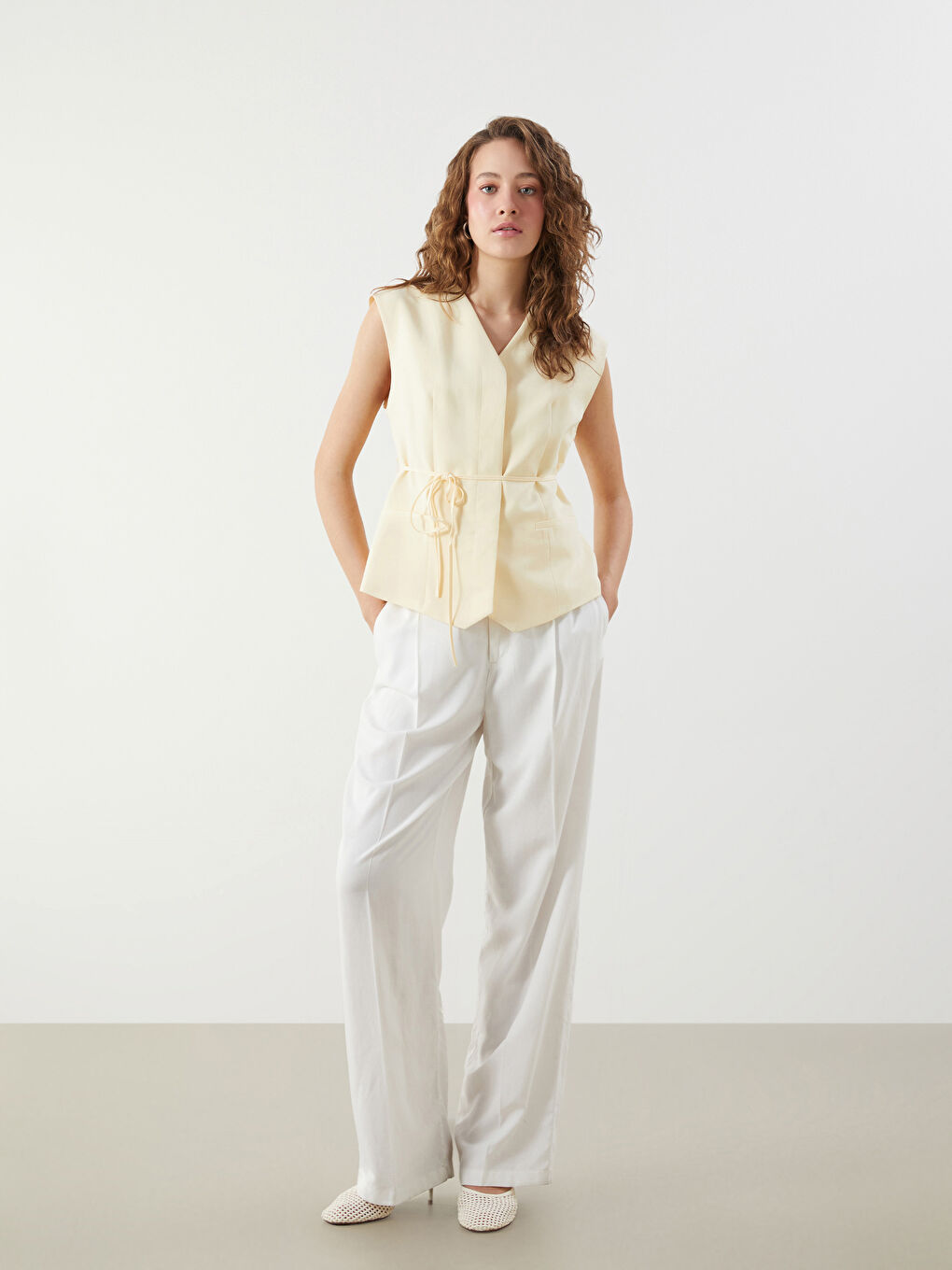 V-Neck Linen Blend Women's Classic Waistcoat -S5QY52Z8-YTS