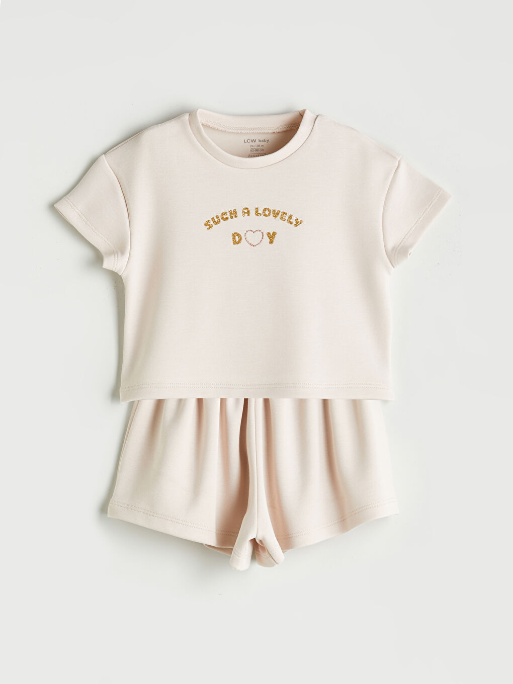 Bej Bisiklet Yaka Baskılı Kız Bebek Tişört ve Şort 2'li