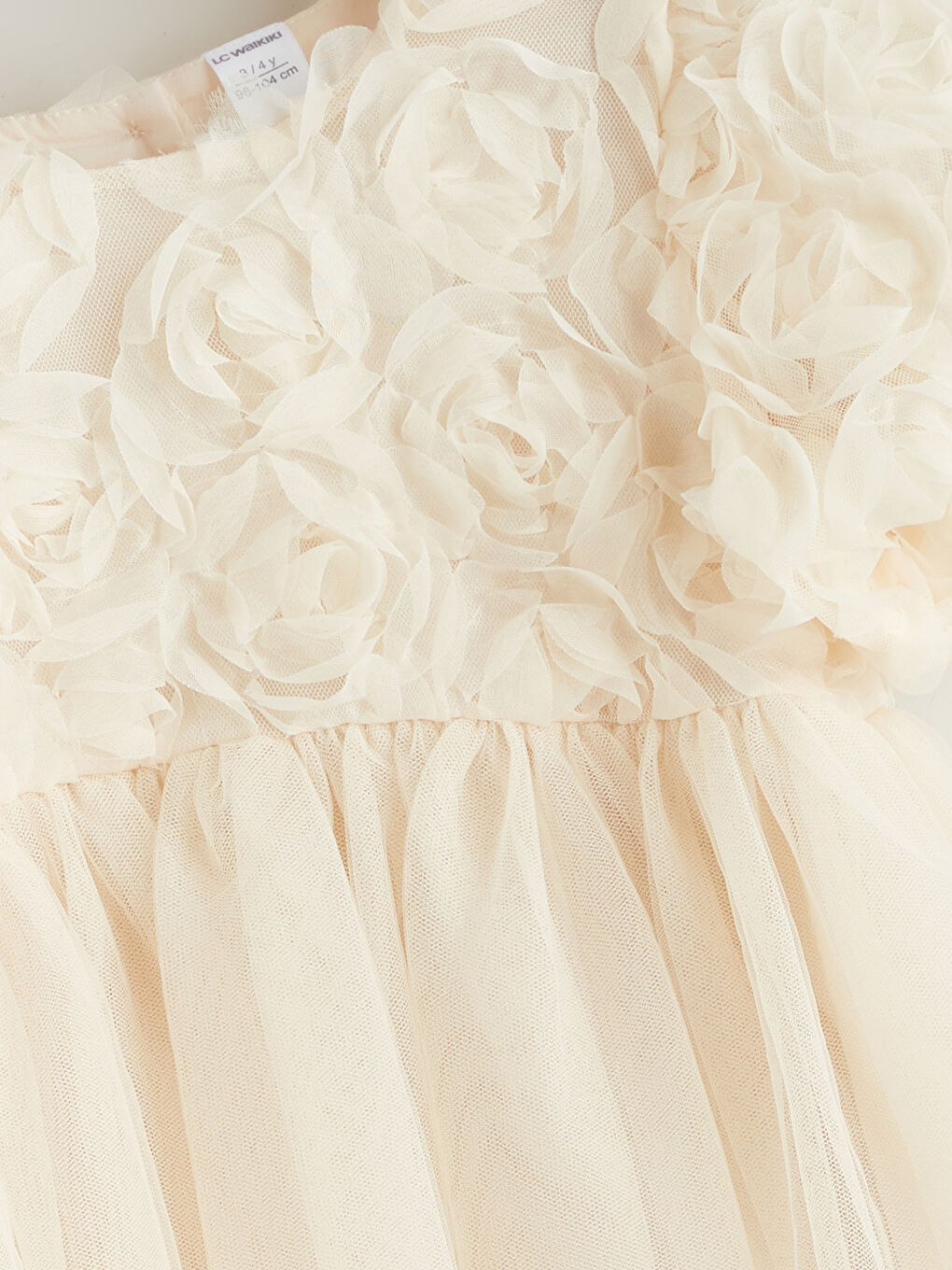 Ekru Bisiklet Yaka Çiçek Aplikeli Kız Çocuk Elbise-1