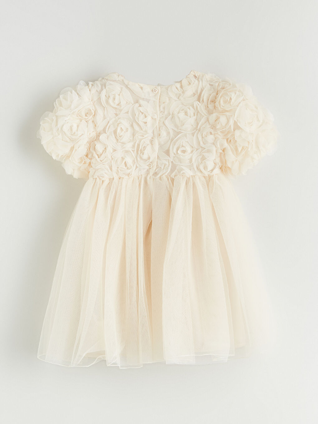 Ekru Bisiklet Yaka Çiçek Aplikeli Kız Çocuk Elbise-2