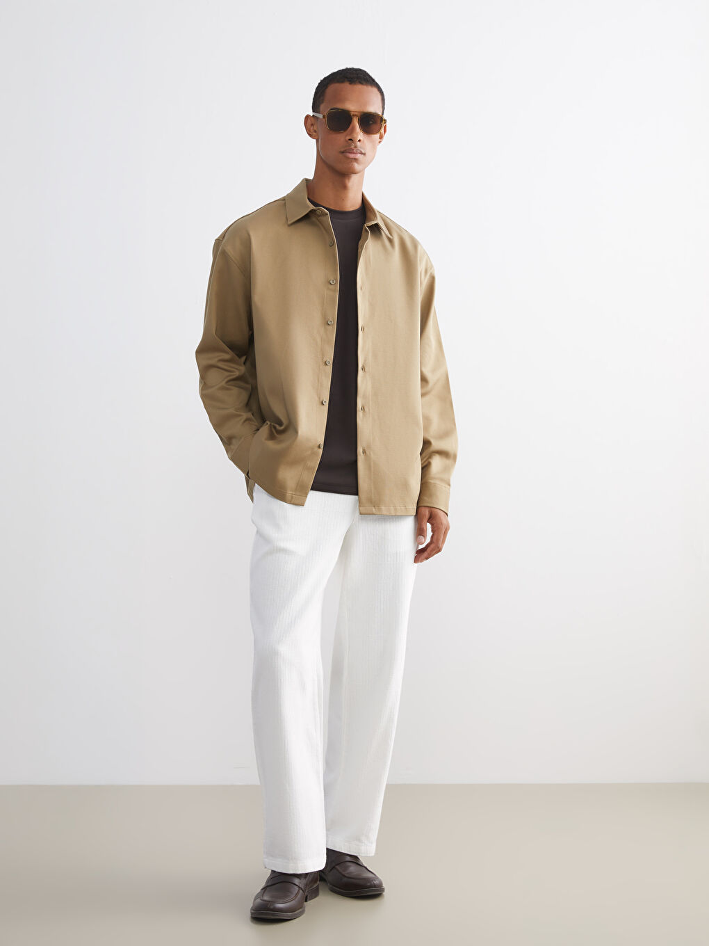 Ekru Standart Kalıp Keten Karışımlı Erkek Pantolon