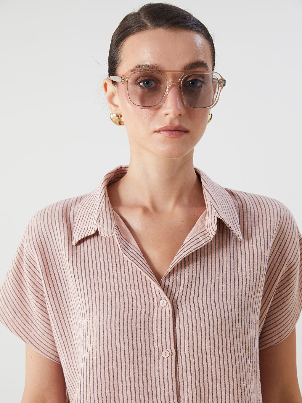 Pembe Çizgili Müslin Kadın Gömlek-2