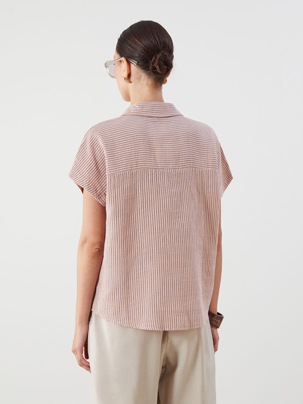 Pembe Çizgili Müslin Kadın Gömlek-3