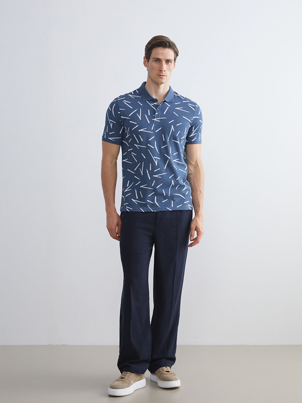 İndigo Polo Yaka Desenli Pike Erkek Tişört-1