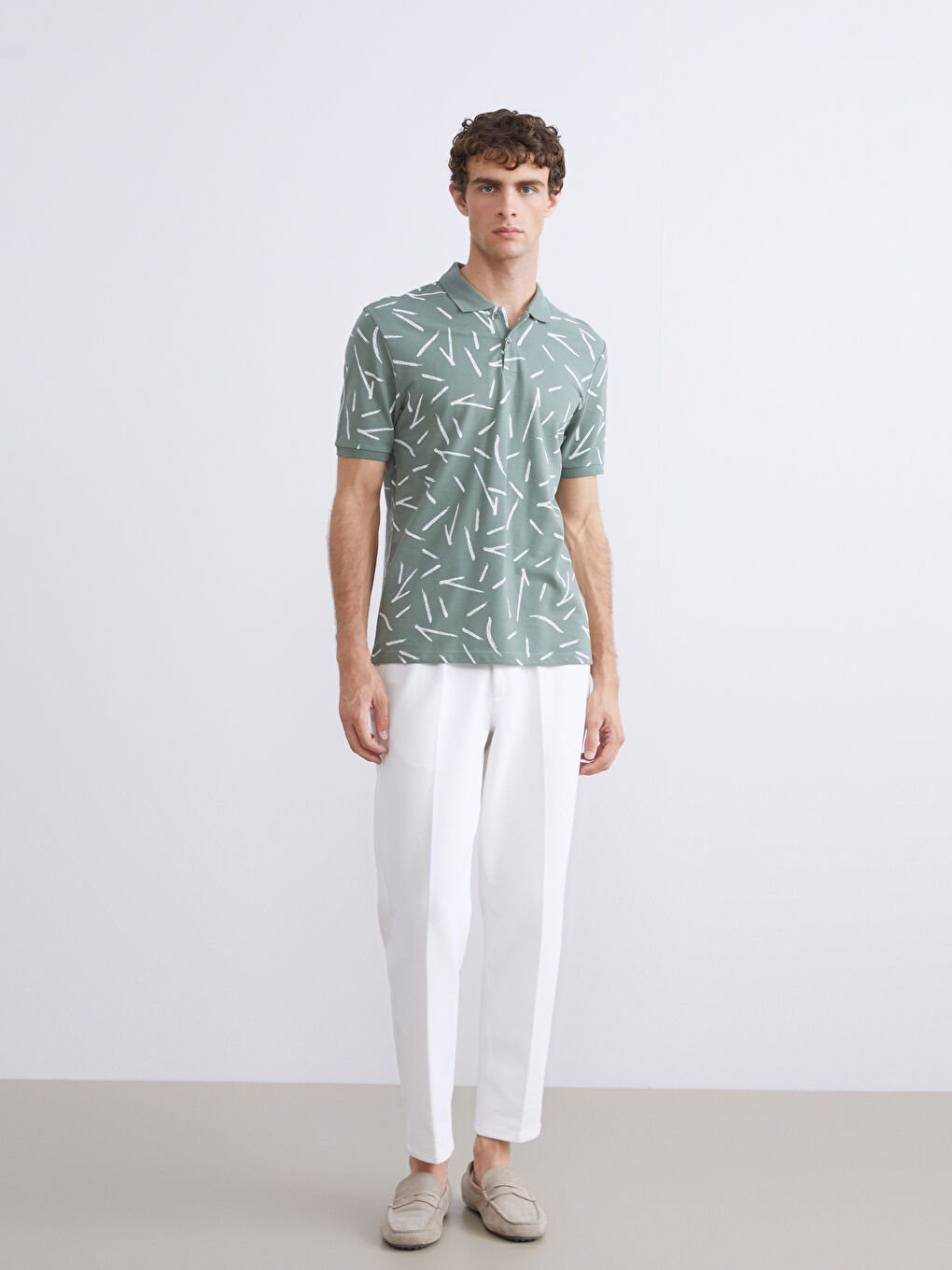 Yeşil Polo Yaka Desenli Pike Erkek Tişört-1