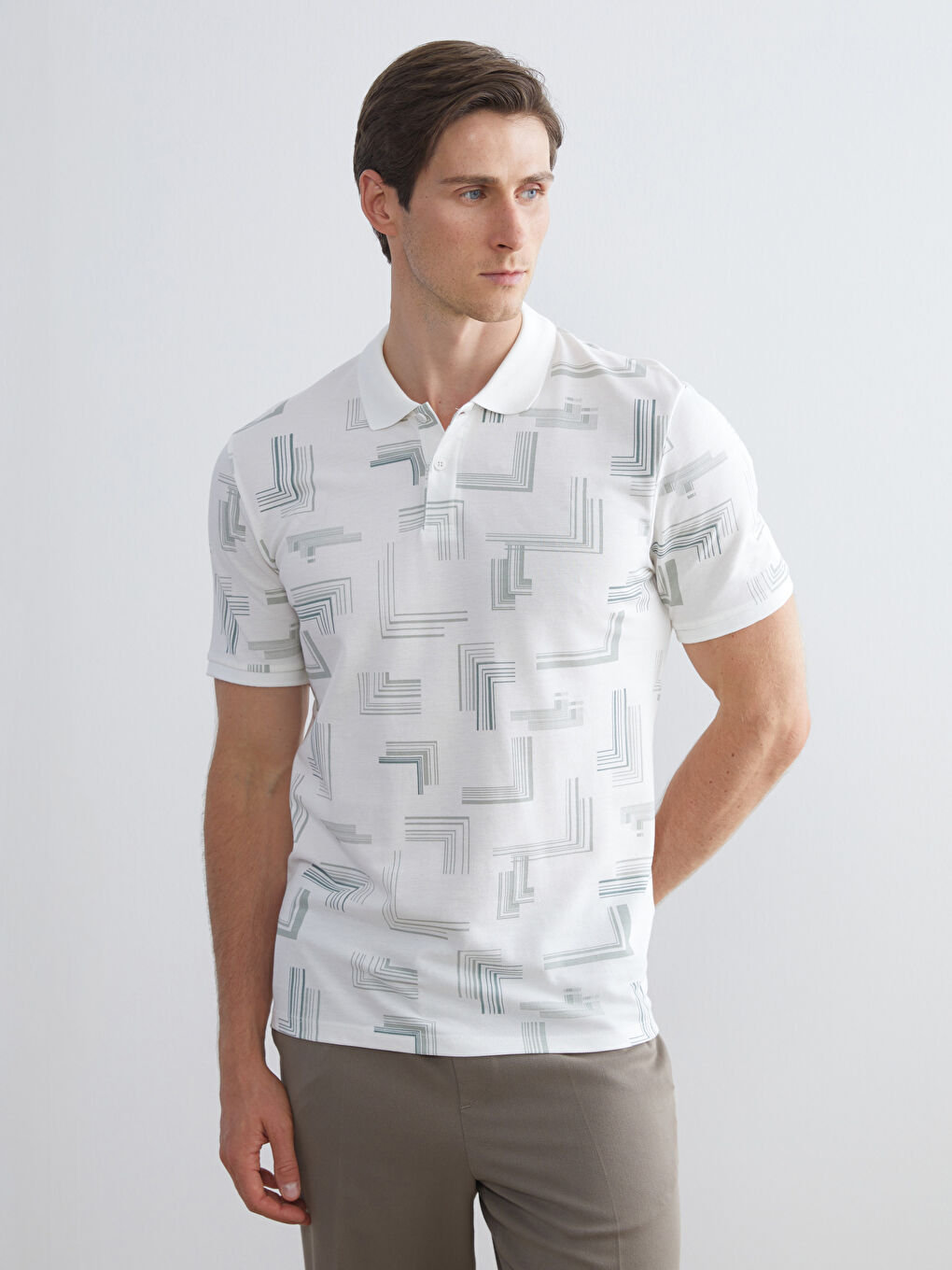 Ekru Polo Yaka Desenli Pike Erkek Tişört