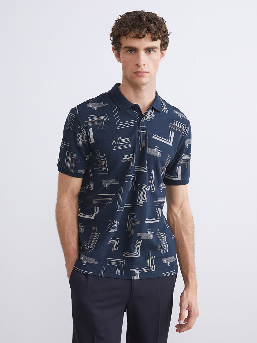 Lacivert Polo Yaka Desenli Pike Erkek Tişört