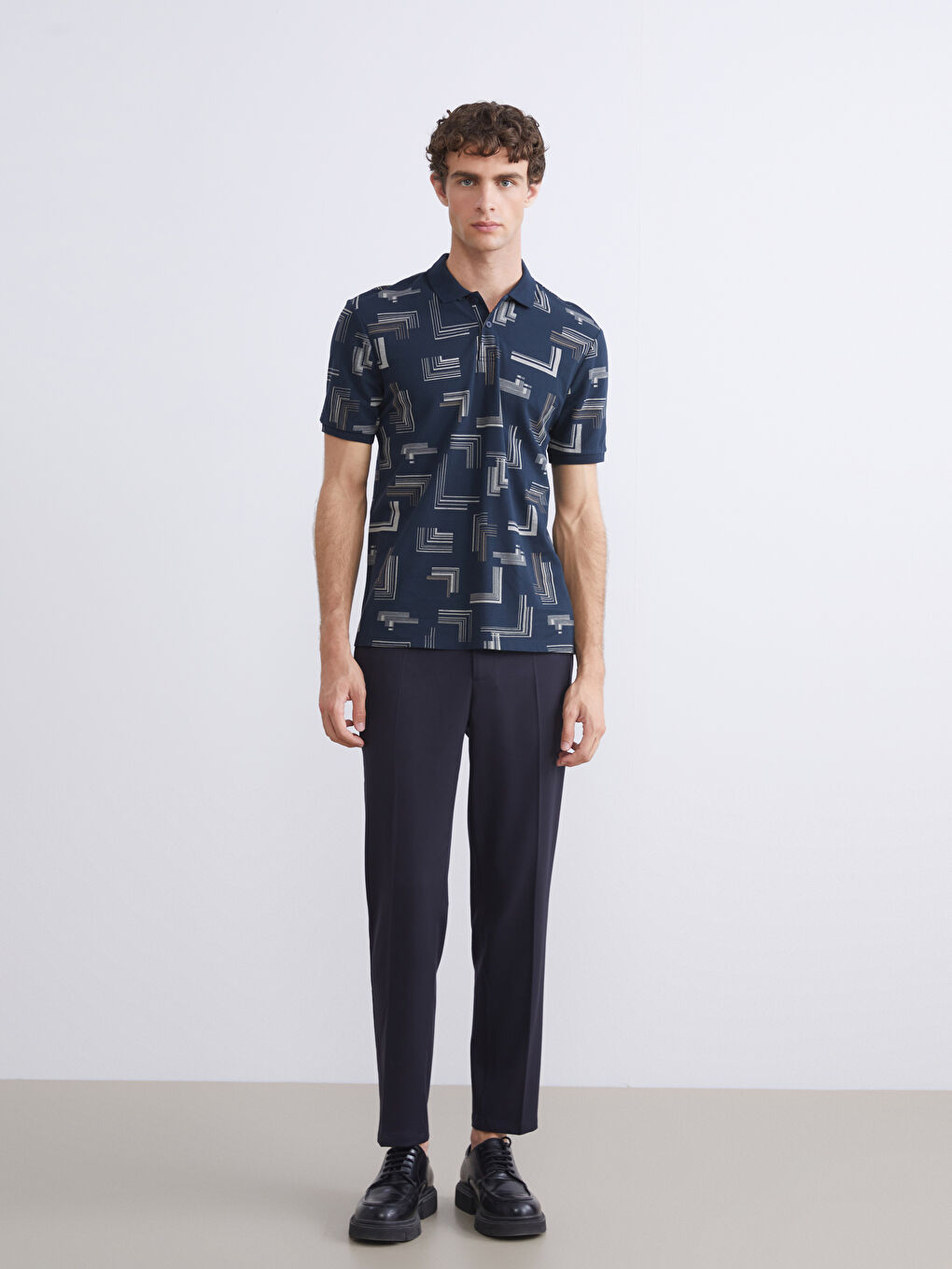 Lacivert Polo Yaka Desenli Pike Erkek Tişört-1