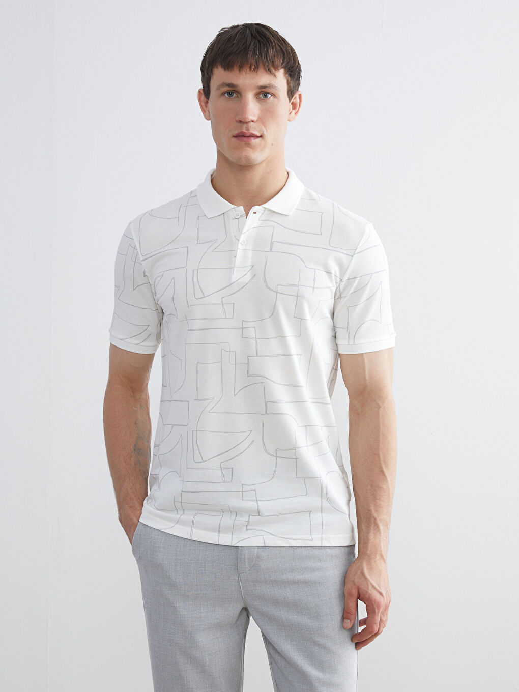 Ekru Polo Yaka Desenli Pike Erkek Tişört