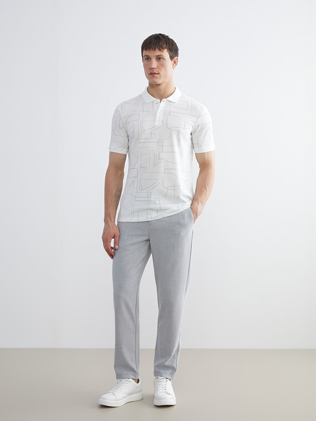 Ekru Polo Yaka Desenli Pike Erkek Tişört-1