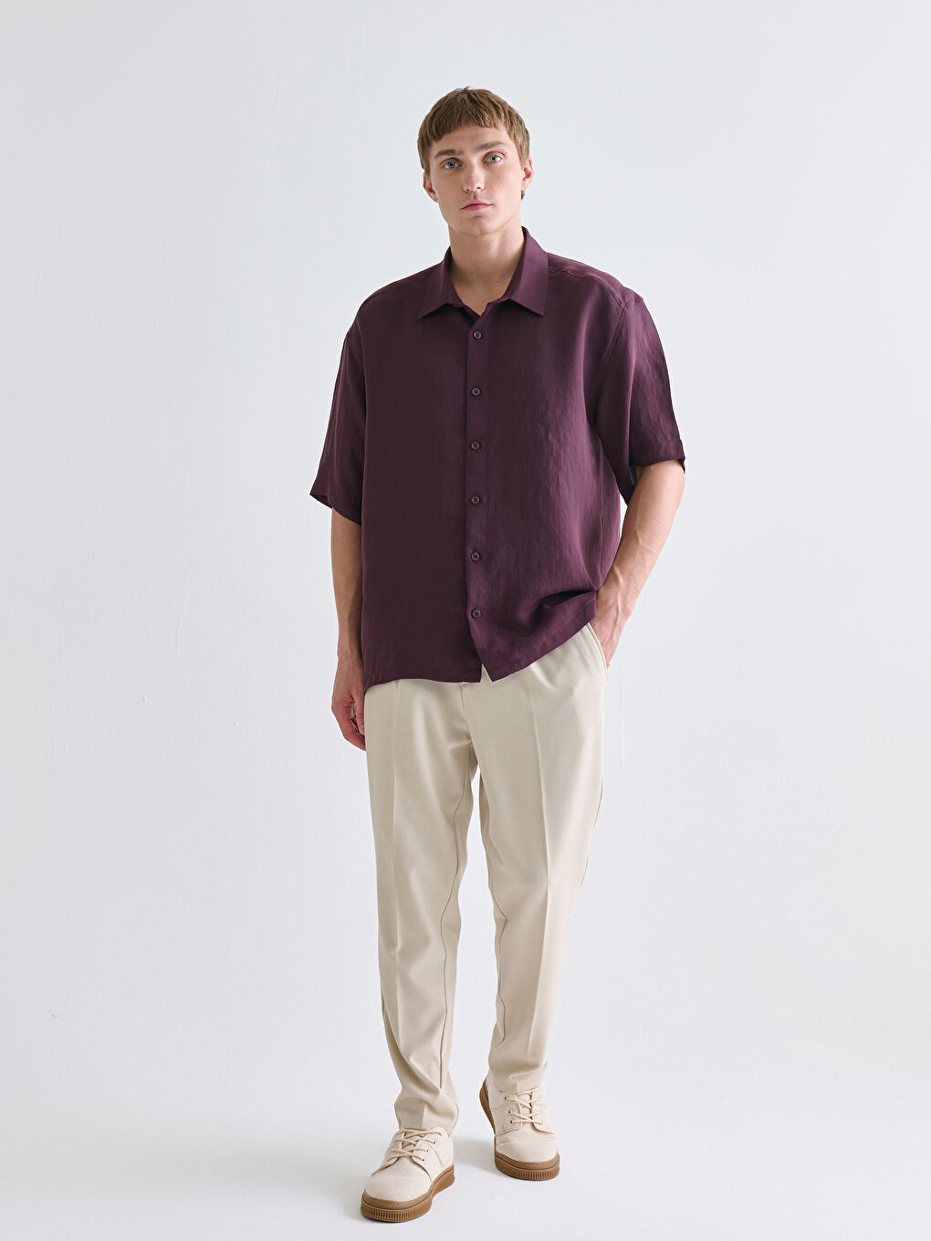 Mürdüm Rahat Kalıp Kısa Kollu Armürlü Erkek Gömlek-1