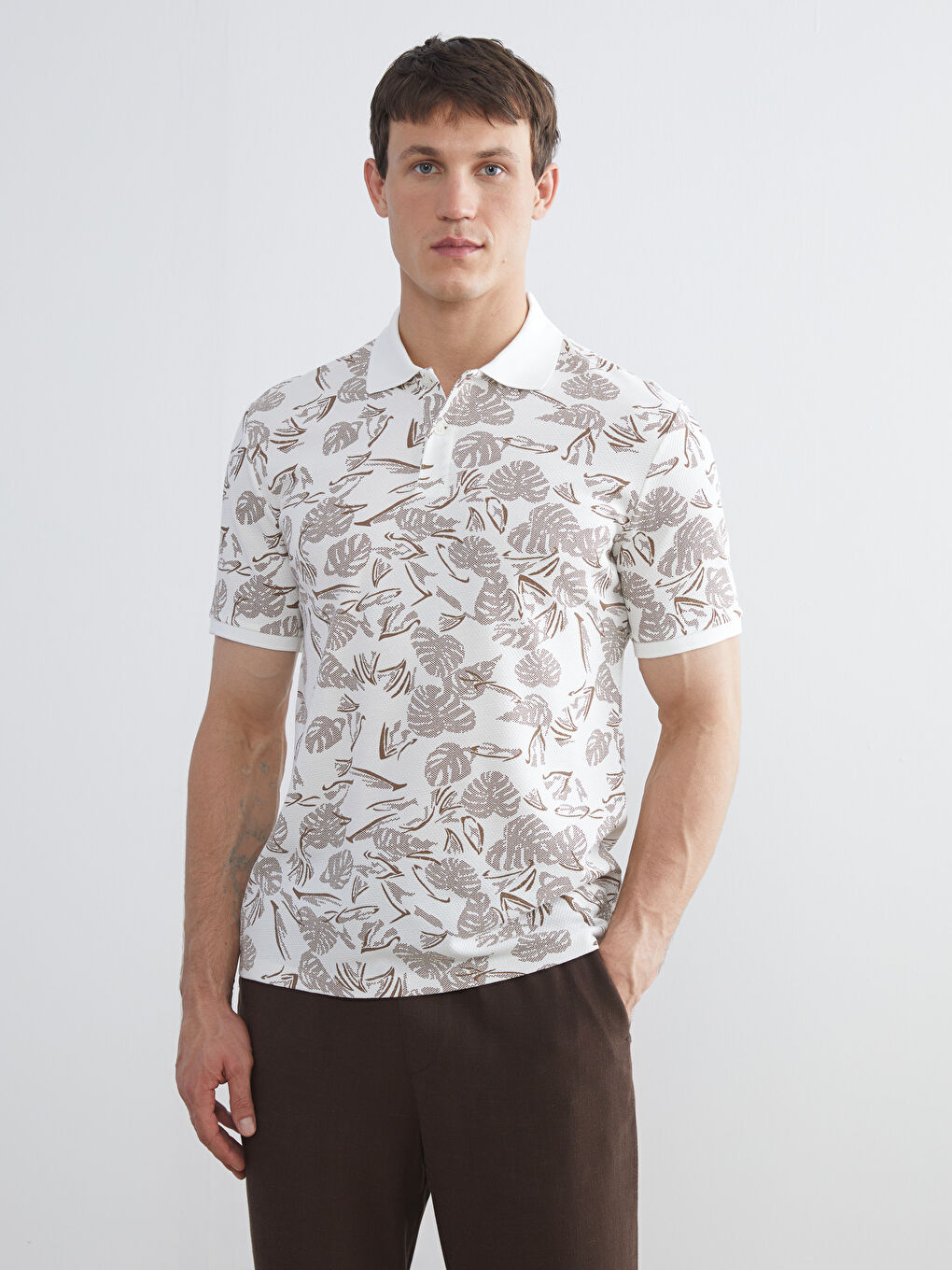 Bej Polo Yaka Desenli Pike Erkek Tişört