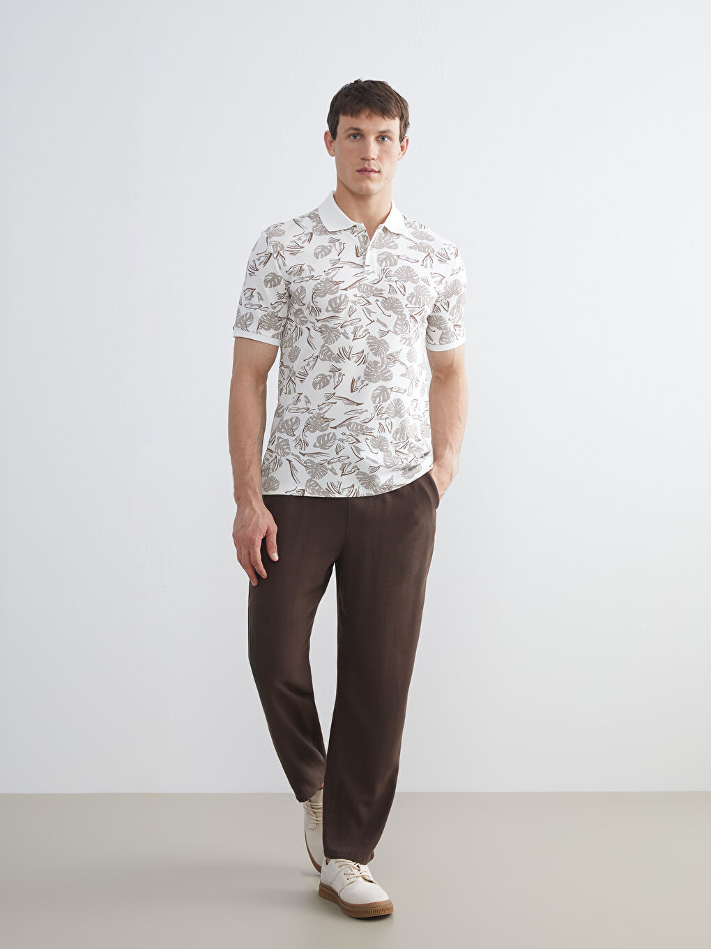 Bej Polo Yaka Desenli Pike Erkek Tişört-1