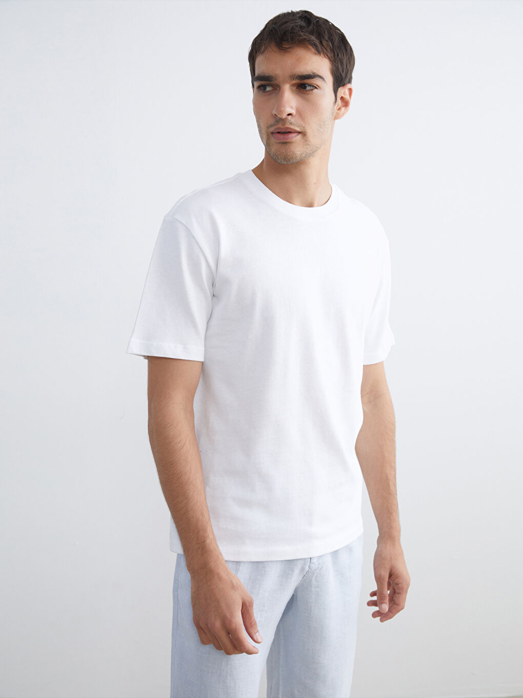 Ekru Bisiklet Yaka Penye Erkek Tişört