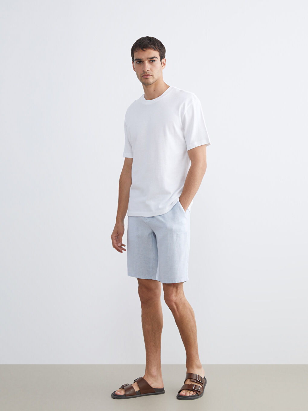 Ekru Bisiklet Yaka Penye Erkek Tişört-1