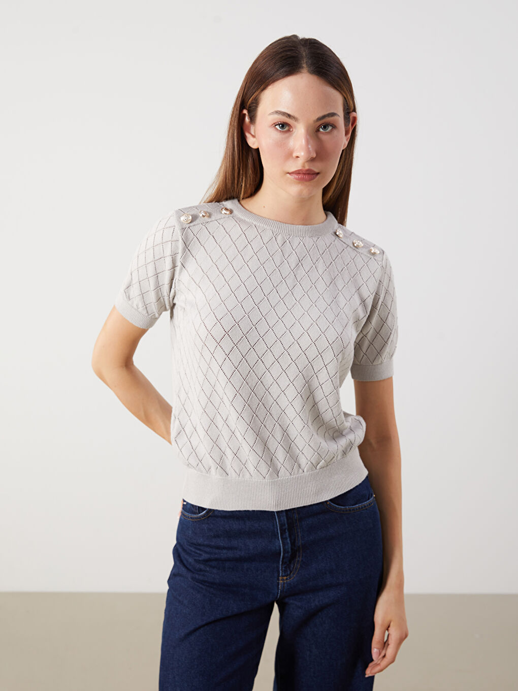 Crew Neck Argyle Pattern Women's Knitwear Sweater -S5R123Z8-CSW