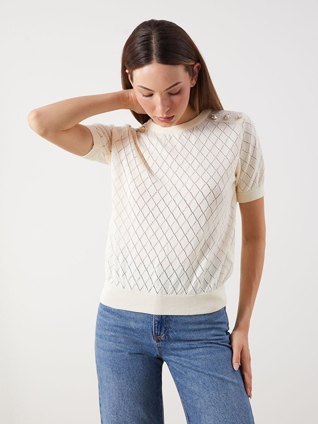 Crew Neck Argyle Pattern Women's Knitwear Sweater -S5R123Z8-JRB