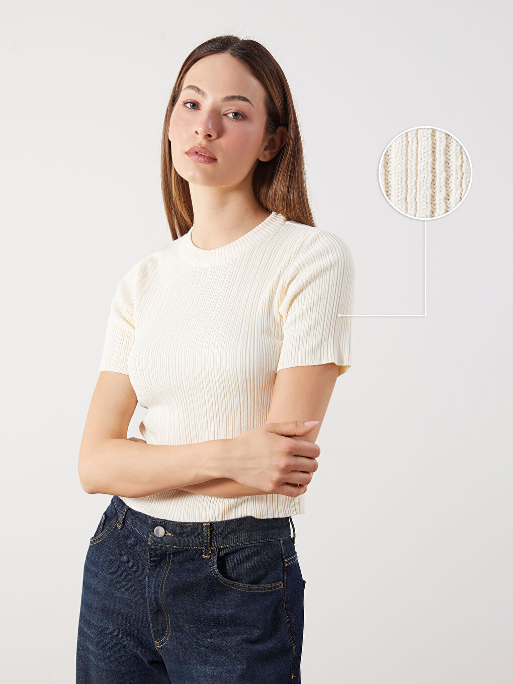 Crew Neck Textured Women's Knitwear Sweater -S5R124Z8-FEW